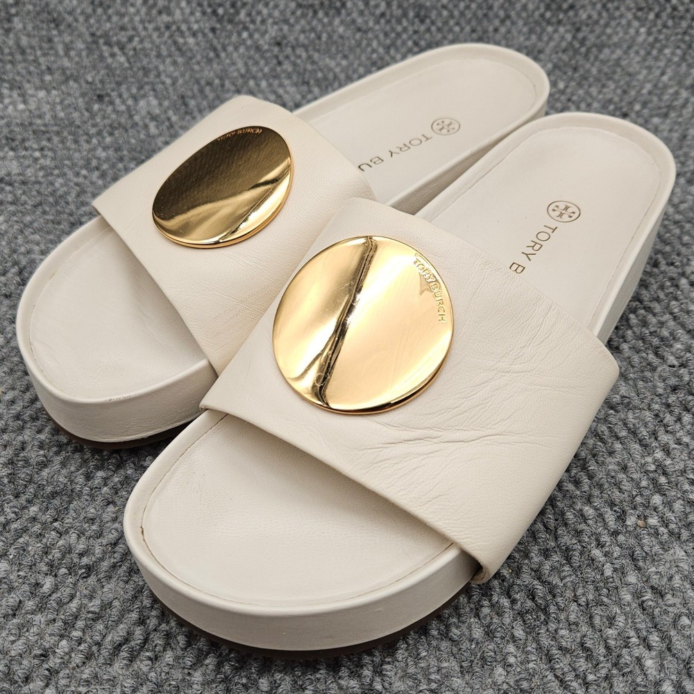 Tory Burch Patos (Women's 8) Ivory Platform Slide Gold Disk Nappa Leather Sandal